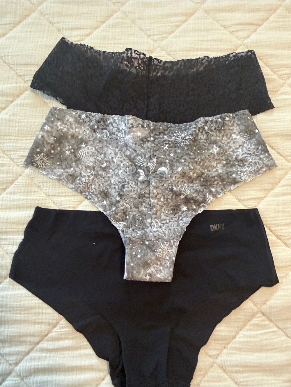 PINK Victoria's Secret Black and Gray Lace & Printed Hipster Panty Trio - Picture 6 of 11